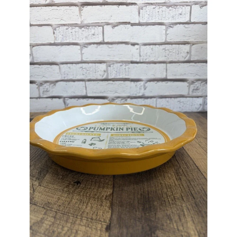 Ceramic Pumpkin Pie Plate With Recipe Yellow Pie Pan 11” Round